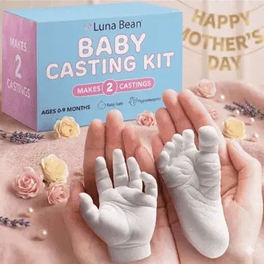 Parents making a cast of their baby's foot